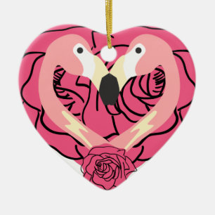 Flamingo Kissing and hearts Ceramic Ornament