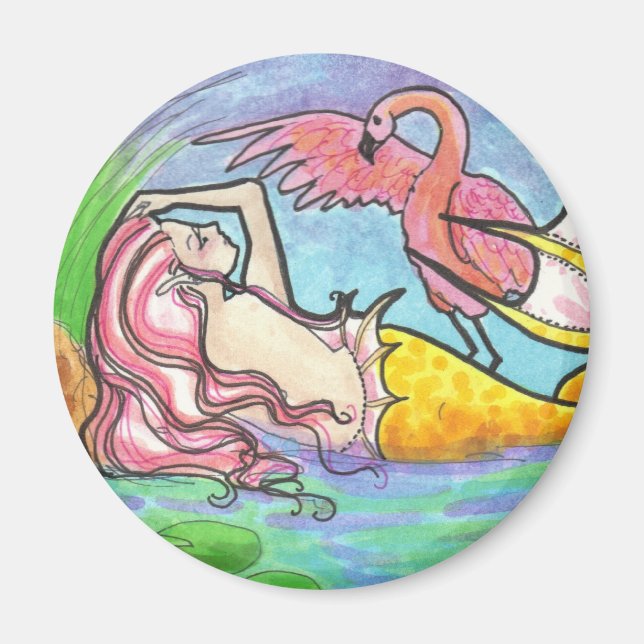 Flamingo Lagoon Mermaid fantasy art magnet (Front)