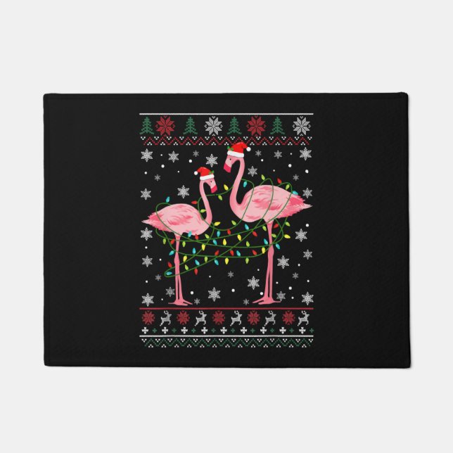 Flamingo Lights Ugly Sweater Christmas Animals Doormat (Front)