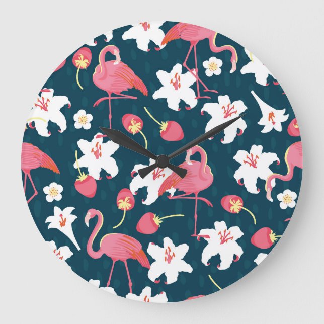 Flamingo Lilies: Tropical Vintage Design. Large Clock (Front)