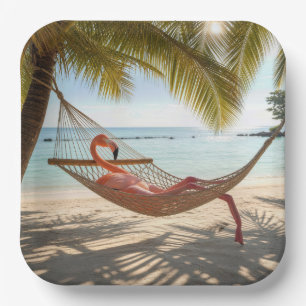 Flamingo Lounging in a Tropical Beach Hammock Paper Plate