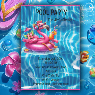 Flamingo Lounging In Pink Pool Tube Invitation