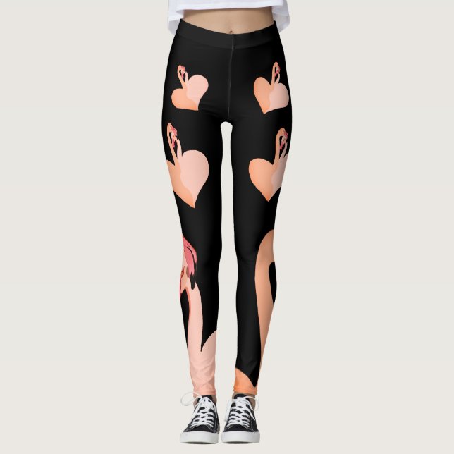 Flamingo Love, Black Custom Leggings, Heart Leggings (Front)