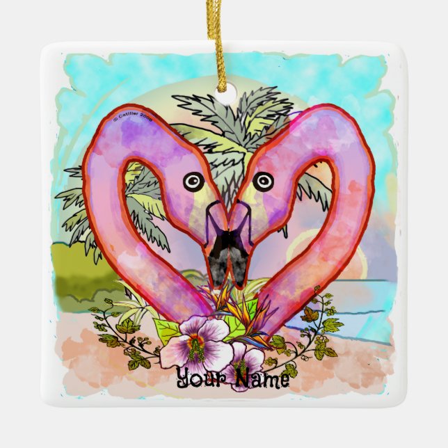 Flamingo Love  Ceramic Ornament (Front)