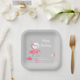 Flamingo Love Happy Birthday square  Paper Plate