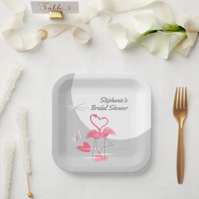 Flamingo Love Large Moon Bridal Shower square  Paper Plate (Wedding)
