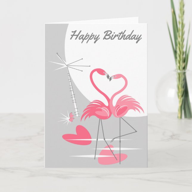 Flamingo Love Large Moon Happy Birthday Card (Front)