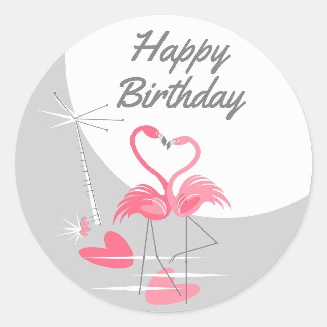 Flamingo Love Large Moon Happy Birthday round Classic Round Sticker (Front)