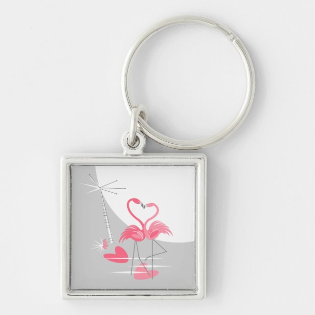 Flamingo Love Large Moon premium square Key Ring (Front)