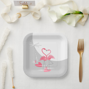 Flamingo Love Large Moon square  Paper Plate