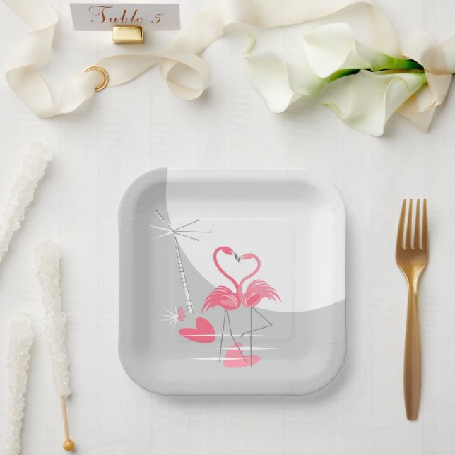 Flamingo Love Large Moon square  Paper Plate (Wedding)