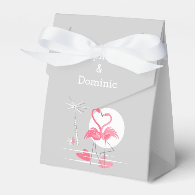 Flamingo Love Names and Date favour box tent (Front Side)