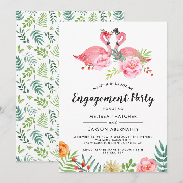 Flamingo Love | Watercolor Floral Engagement Party Invitation (Front/Back)