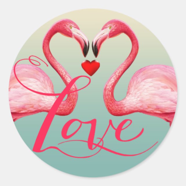 Flamingo Love Wedding Favour | mint blue Classic Round Sticker (Front)