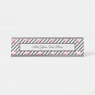 Flamingo Lover Pink Bird Diagonal Stripes Desk Name Plate