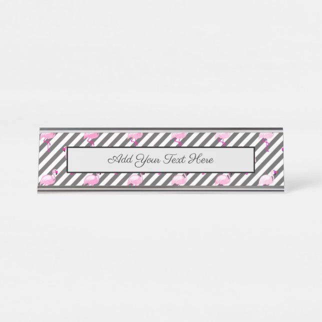 Flamingo Lover Pink Bird Diagonal Stripes Desk Name Plate (Front)