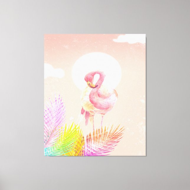 Flamingo Lovers | Cute Flamingo Bird With Leaves Canvas Print (Front)