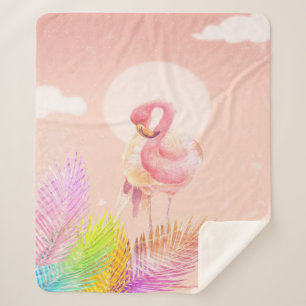 Flamingo Lovers   Cute Flamingo Bird With Leaves Sherpa Blanket