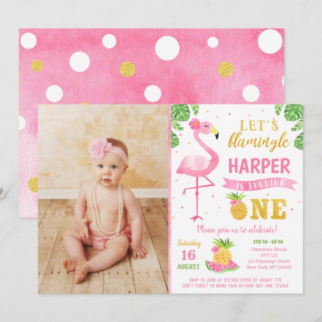 Flamingo Luau First 1st Birthday Party Invitations (Front/Back)