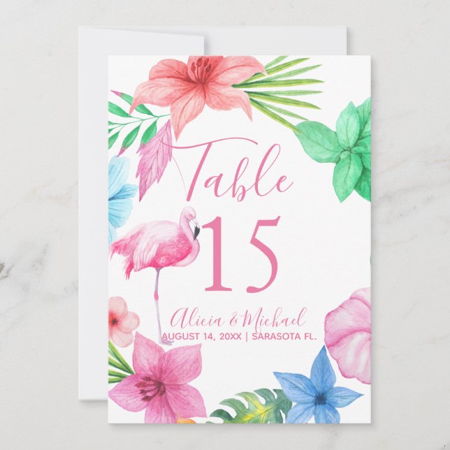 Flamingo luau tropical floral wreath wedding invitation (Front)