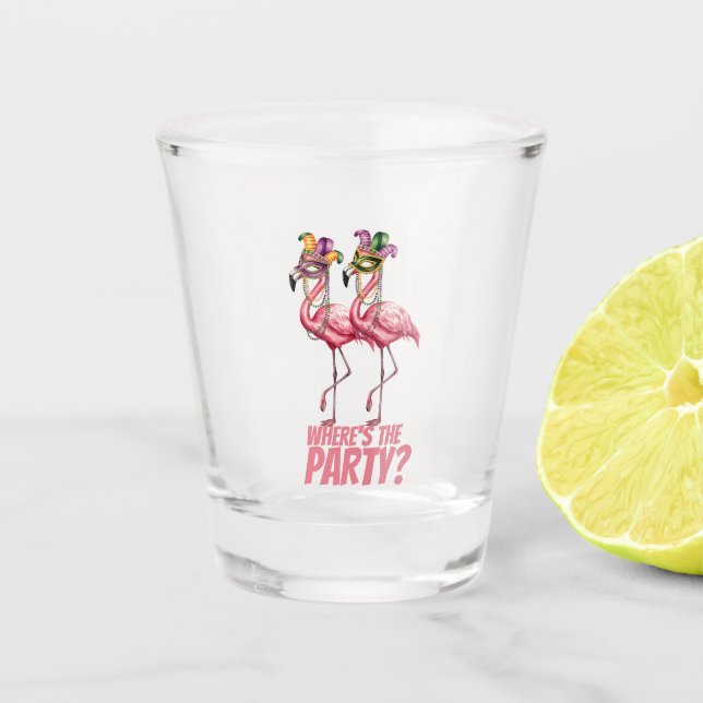 Flamingo Mardi Gras Party Goers Shot Glass (Front)