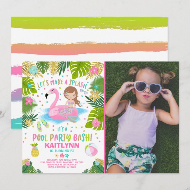 Flamingo & Mermaid Pool Party Invitation Tropical (Front/Back)