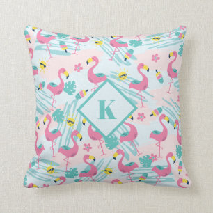 Flamingo Mint Green Tropical Pattern Monogram Cushion