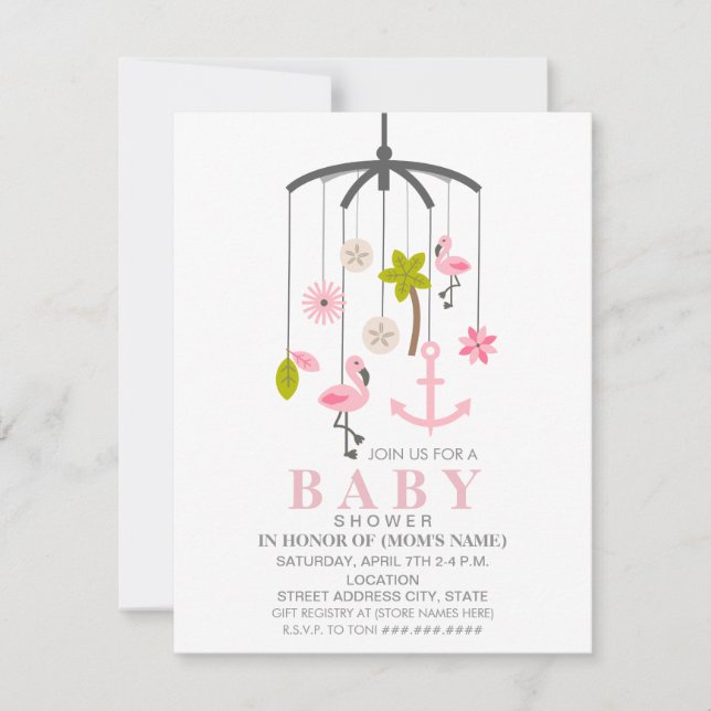 Flamingo Mobile Girl Modern Baby Shower Invitation (Front)