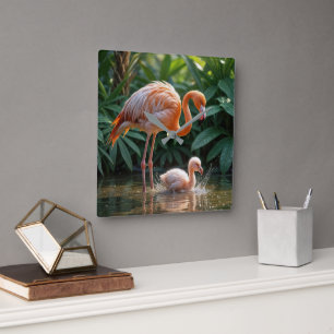 Flamingo Mother With Chick Square Wall Clock