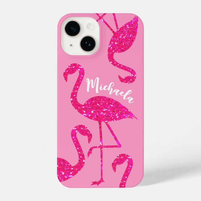 Flamingo neon pink sparkles Personalise your name  iPhone Case (Back)