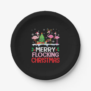 Flamingo Noel Hats Dancing On Snow Merry Flocking Paper Plate