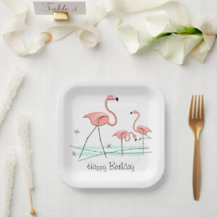 Flamingo Ocean Trio 2 Happy Birthday square Paper Plate