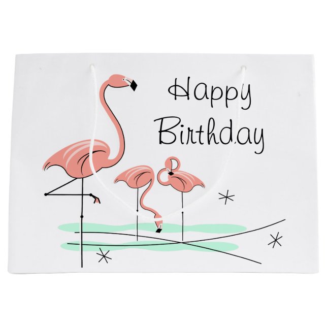 Flamingo Ocean Trio 4 Happy Birthday large Large Gift Bag (Front)