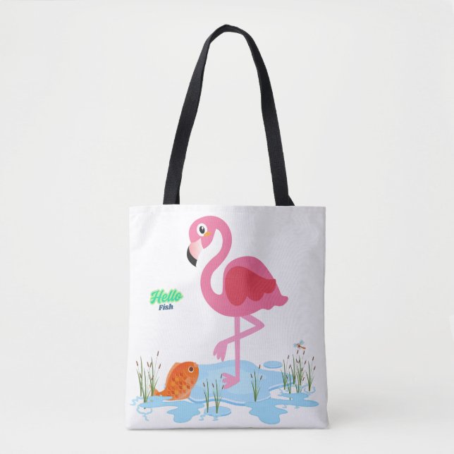 Flamingo odserving a fish in a pond  tote bag (Front)