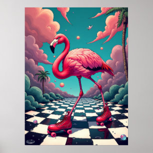 Flamingo on a Dream Roller Rink : Retro Surreal Poster