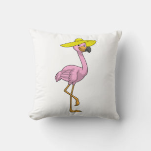 Flamingo on Beach with Hat Cushion