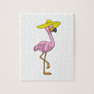 Flamingo on Beach with Hat Jigsaw Puzzle