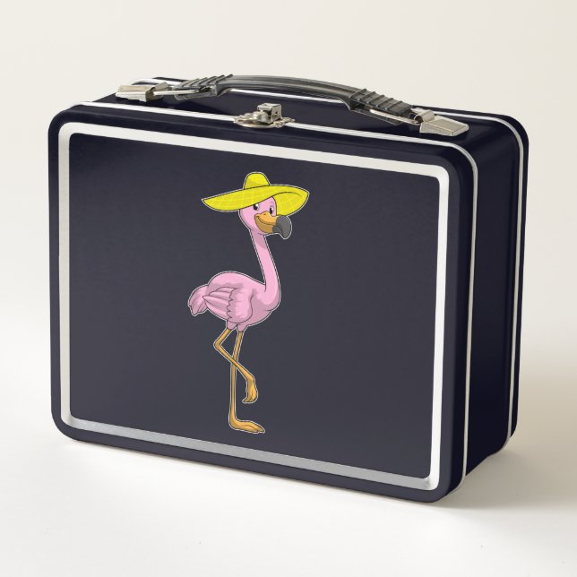 Flamingo on Beach with Hat Metal Lunch Box (Front)