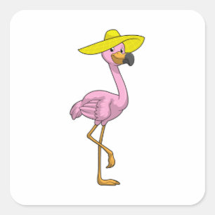 Flamingo on Beach with Hat Square Sticker