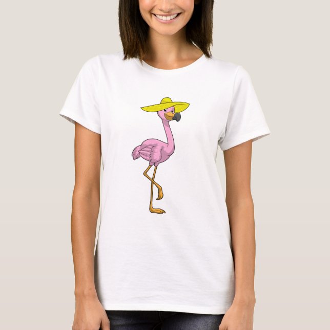 Flamingo on Beach with Hat T-Shirt (Front)