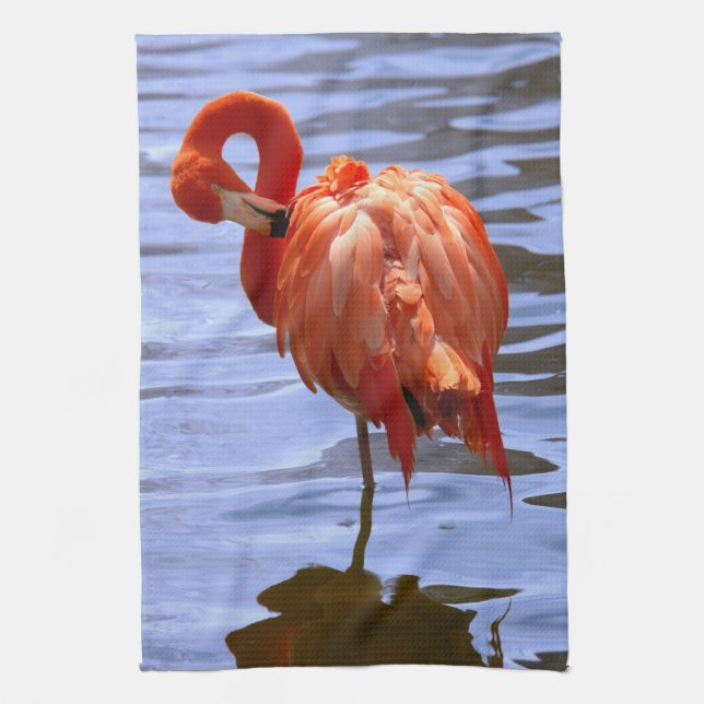 Flamingo on one leg in water tea towel (Vertical)