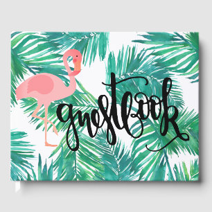 flamingo on tropical palm leaves calligraphy guest book
