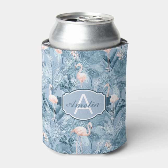 Flamingo Orchid Tropical Pattern Blue ID868 Can Cooler (Can Front)