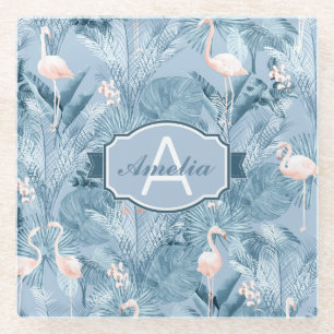 Flamingo Orchid Tropical Pattern Blue ID868 Glass Coaster