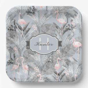 Flamingo Orchid Tropical Pattern Grey ID868 Paper Plate