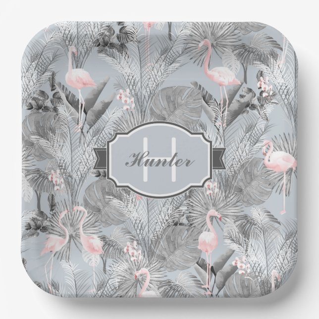 Flamingo Orchid Tropical Pattern Grey ID868 Paper Plate (Front)