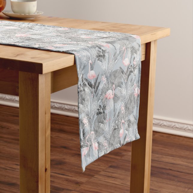Flamingo Orchid Tropical Pattern Grey ID868 Short Table Runner (In Situ)