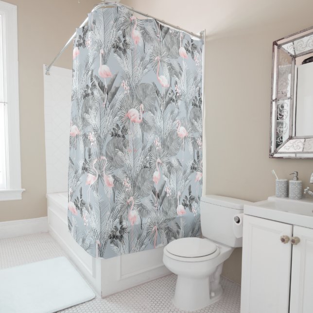 Flamingo Orchid Tropical Pattern Grey ID868 Shower Curtain (In Situ)
