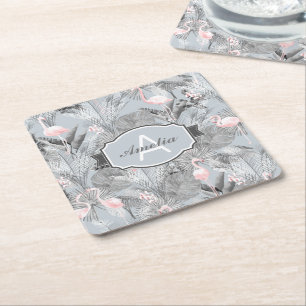 Flamingo Orchid Tropical Pattern Grey ID868 Square Paper Coaster