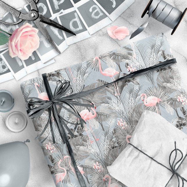 Flamingo Orchid Tropical Pattern Grey ID868 Wrapping Paper (Creator Uploaded)